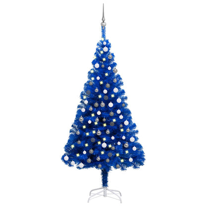 Kunstkerstboom Met Verlichting En Kerstballen 180 Cm Pvc Blauw En Grijs 180 x 90 cm