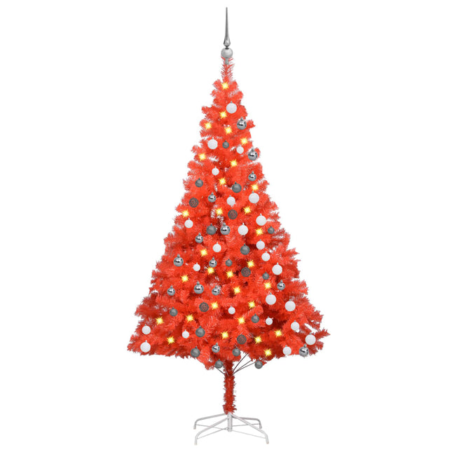 Kunstkerstboom Met Verlichting En Kerstballen 80 Cm Pvc 180 x 93 cm Rood en grijs