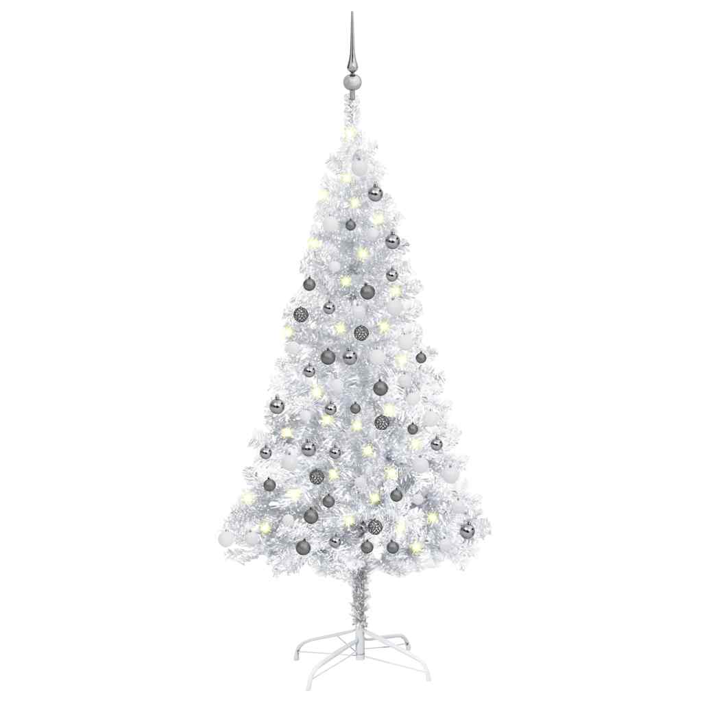 Kunstkerstboom Met Verlichting En Kerstballen 120 Cm Pet 120 x 65 cm Zilver