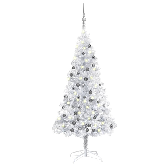 Kunstkerstboom Met Verlichting En Kerstballen 50 Cm Pet Zilver 150 x 75 cm Zilverkleurig en grijs