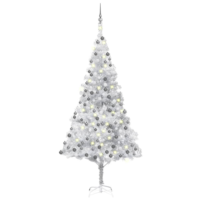 Kunstkerstboom Met Verlichting En Kerstballen 240 Cm Pet Zilver 240 x 120 cm Zilverkleurig en grijs