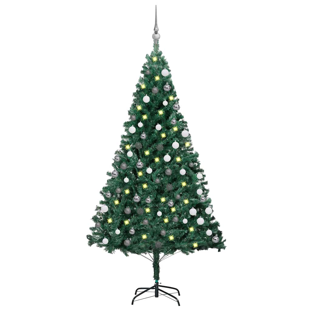 Kunstkerstboom Met Verlichting En Kerstballen 180 Cm Pvc 180 x 95 cm Groen en rood