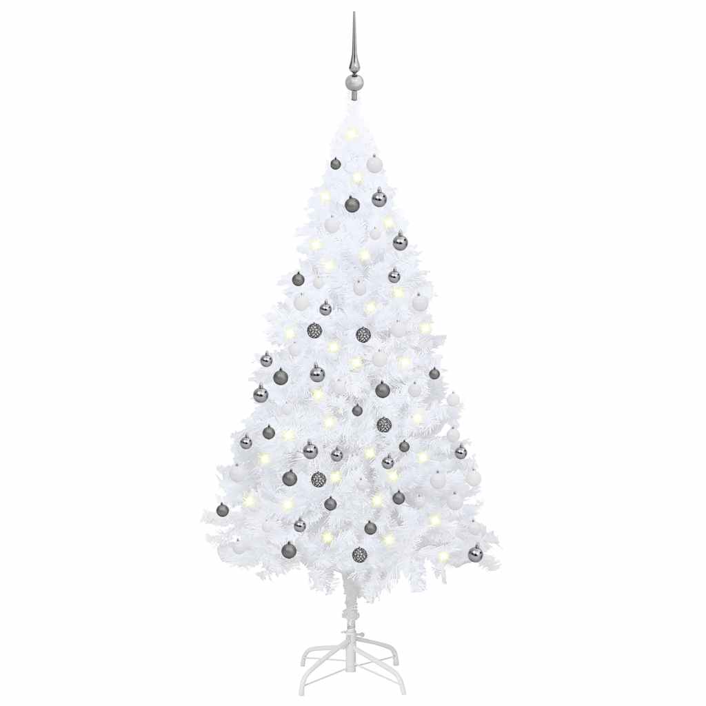 Kunstkerstboom Met Verlichting En Kerstballen 150 Cm Pvc 150 x 80 cm Wit en grijs