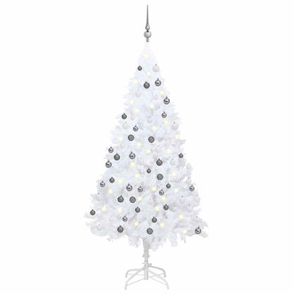 Kunstkerstboom Met Verlichting En Kerstballen 150 Cm Pvc 150 x 80 cm Wit en grijs