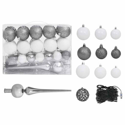Kunstkerstboom Met Verlichting En Kerstballen 150 Cm Pvc 150 x 80 cm Wit en grijs