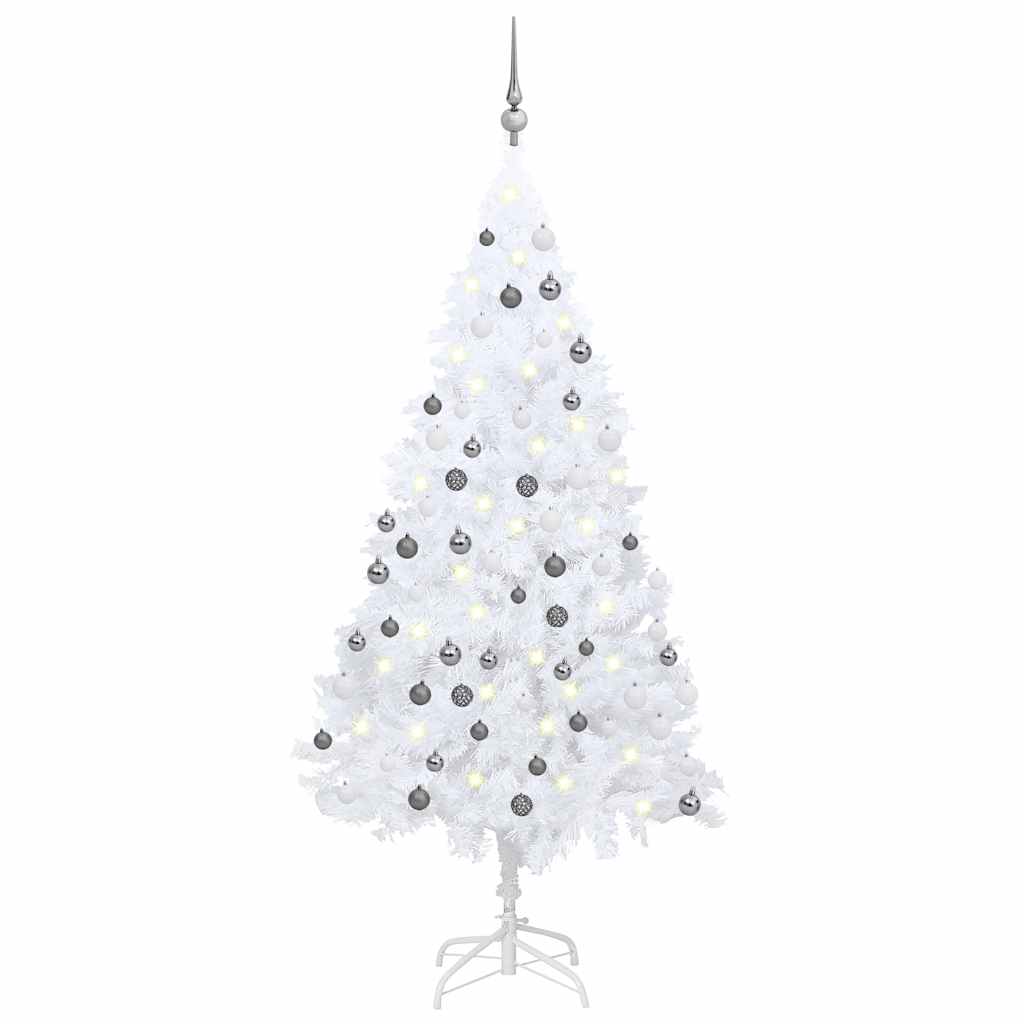 Kunstkerstboom Met Verlichting En Kerstballen 180 Cm Pvc 180 x 95 cm Wit en grijs