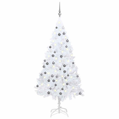 Kunstkerstboom Met Verlichting En Kerstballen 180 Cm Pvc 180 x 95 cm Wit en grijs