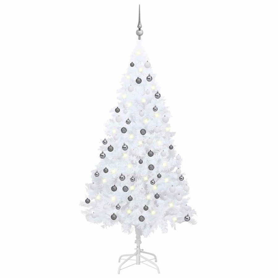 Kunstkerstboom Met Verlichting En Kerstballen 180 Cm Pvc 180 x 95 cm Wit en grijs