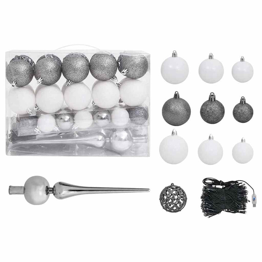 Kunstkerstboom Met Verlichting En Kerstballen 180 Cm Pvc 180 x 95 cm Wit en grijs