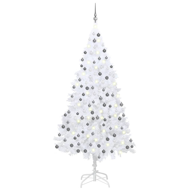 Kunstkerstboom met verlichting en kerstballen 240 cm wit 240 x 125 cm Wit en grijs