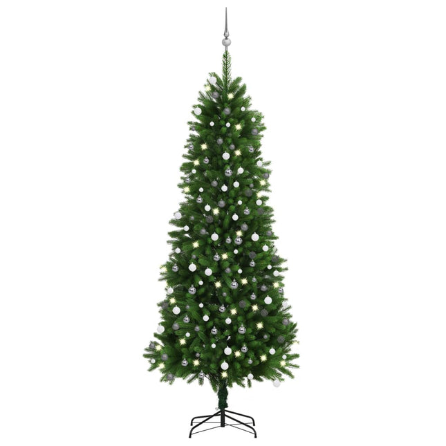 Kunstkerstboom Met Verlichting En Kerstballen 240 Cm Groen 240 x 100 cm Wit