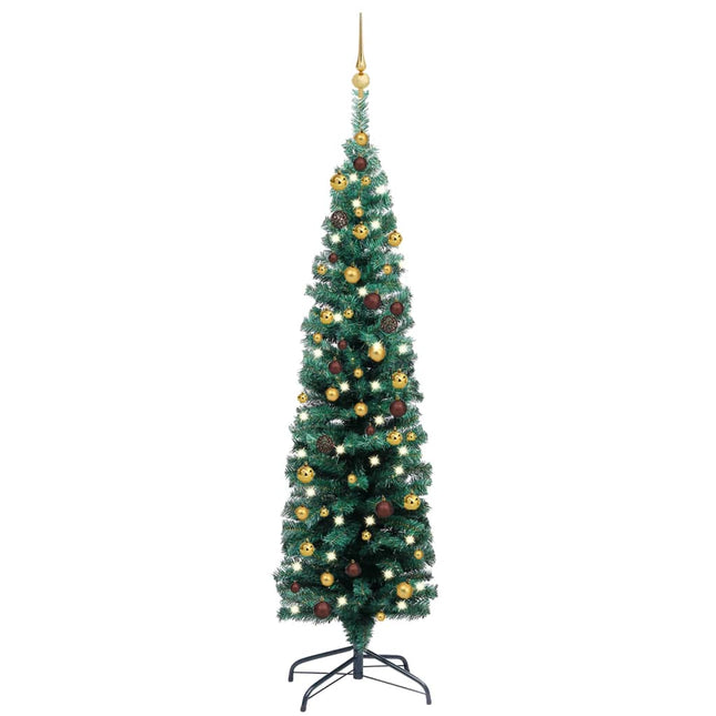 Kunstkerstboom Met Verlichting En Kerstballen Smal 50 Cm 150 x 43 cm Groen en goud