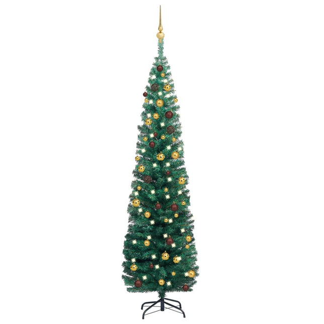 Kunstkerstboom Met Verlichting En Kerstballen Smal 80 Cm 180 x 48 cm Groen en goud