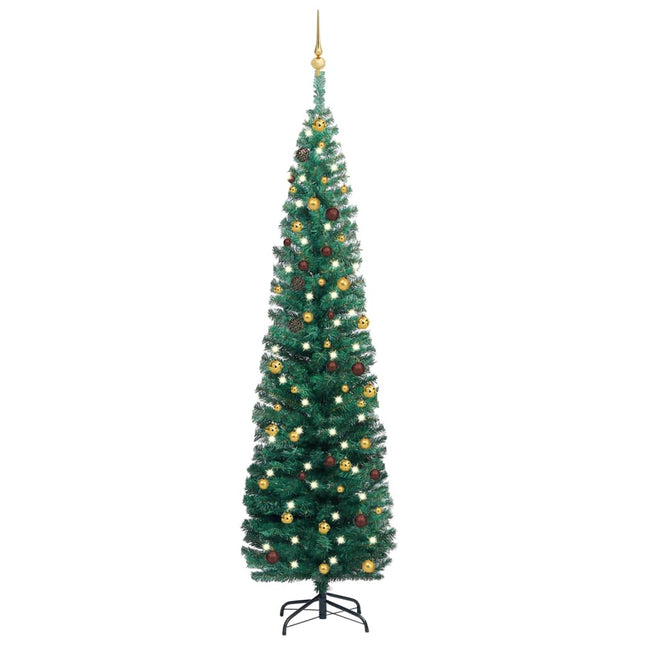 Kunstkerstboom Met Verlichting En Kerstballen Smal 20 Cm 210 x 55 cm Groen en goud