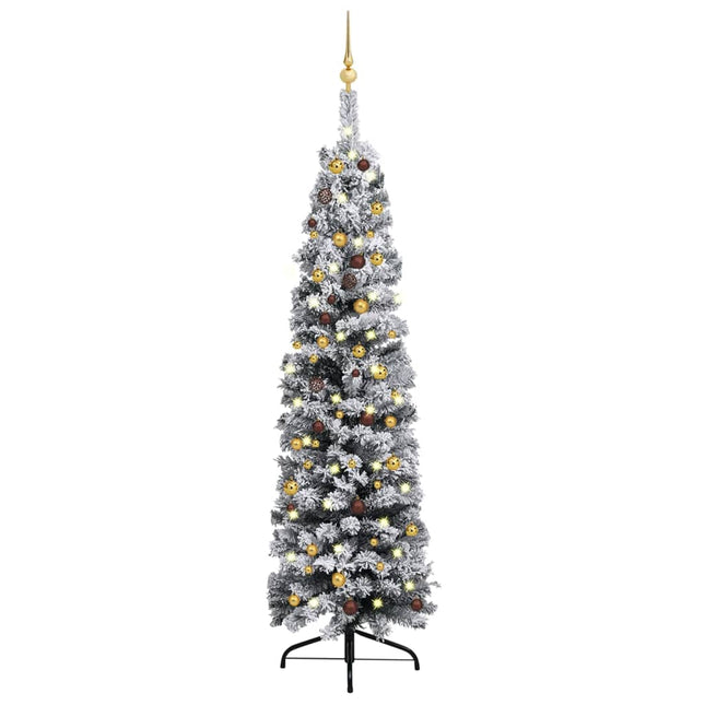 Kunstkerstboom Met Verlichting En Kerstballen Smal 20 Cm Groen 210 x 55 cm Wit en goud