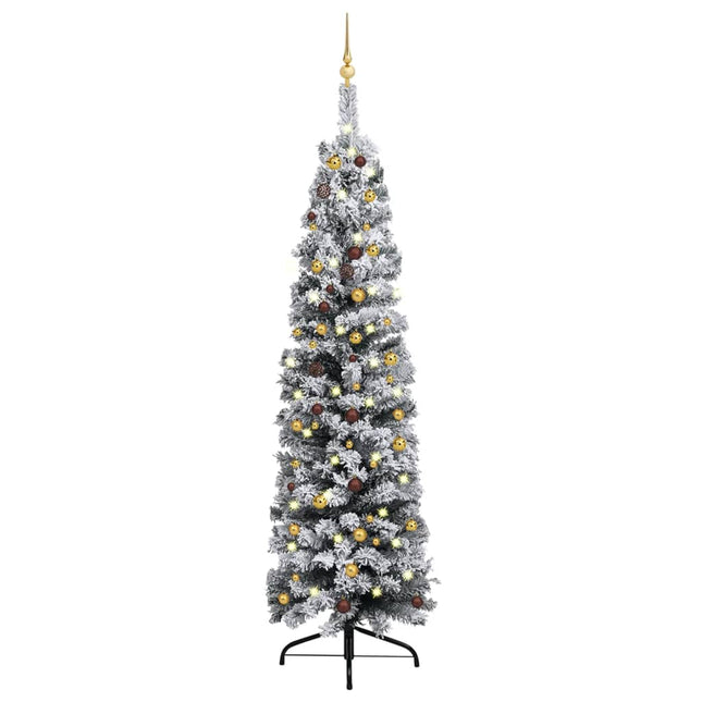 Kunstkerstboom Met Verlichting En Kerstballen Smal 240 Cm Groen 240 x 61 cm Wit en goud