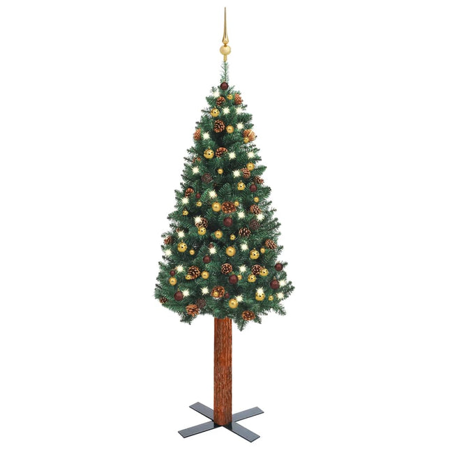 Kunstkerstboom Met Verlichting En Kerstballen Smal 80 Cm 180 x 72 cm Groen en goud