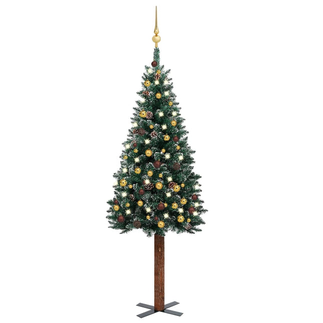 Kunstkerstboom Met Verlichting En Kerstballen Smal 50 Cm Groen 150 x 66 cm Wit en goud