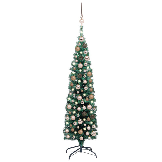 Kunstkerstboom Met Verlichting En Kerstballen Smal 50 Cm Groen 150 x 43 cm green and rose