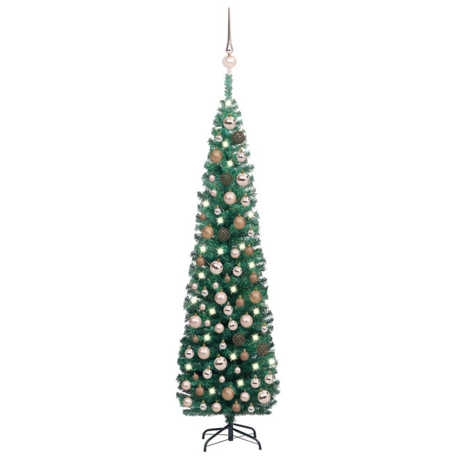 Kunstkerstboom Met Verlichting En Kerstballen Smal 80 Cm Groen 180 x 48 cm green and rose