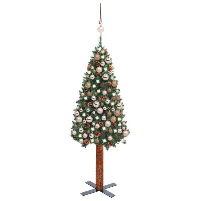 Kunstkerstboom Met Verlichting En Ballen Smal 50 Cm Pvc Groen 150 x 66 cm green and rose