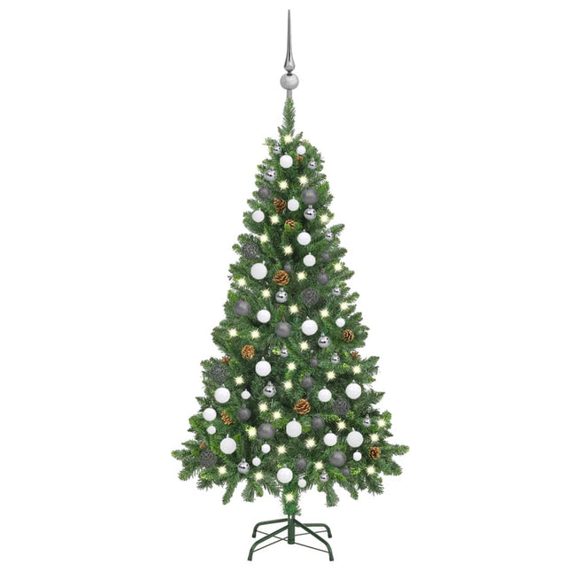 Kunstkerstboom Met Verlichting Kerstballen Dennenappels 150 Cm 150 x 89 cm Groen en rood