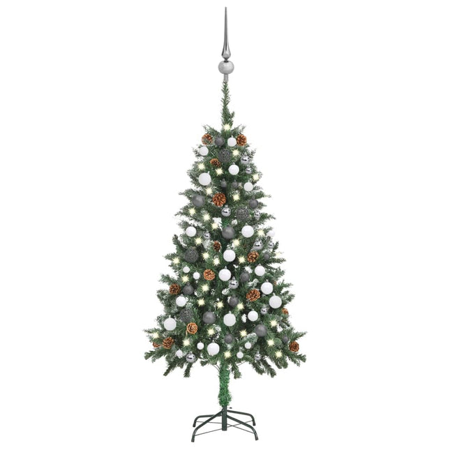 Kunstkerstboom Met Verlichting Kerstballen Dennenappels 50 Cm 150 x 89 cm Wit en grijs