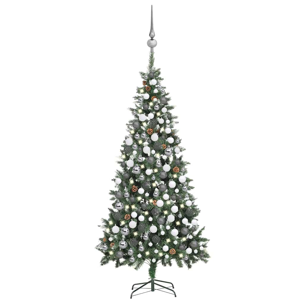 Kunstkerstboom Met Verlichting Kerstballen Dennenappels 210 Cm Wit En Grijs 210 x 119 cm