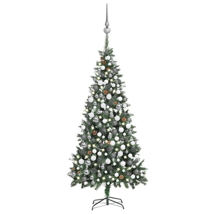 Kunstkerstboom Met Verlichting Kerstballen Dennenappels 210 Cm Wit En Grijs 210 x 119 cm