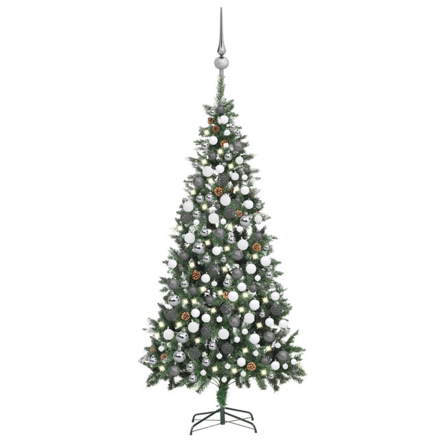 Kunstkerstboom Met Verlichting Kerstballen Dennenappels 20 Cm 210 x 119 cm Wit en grijs