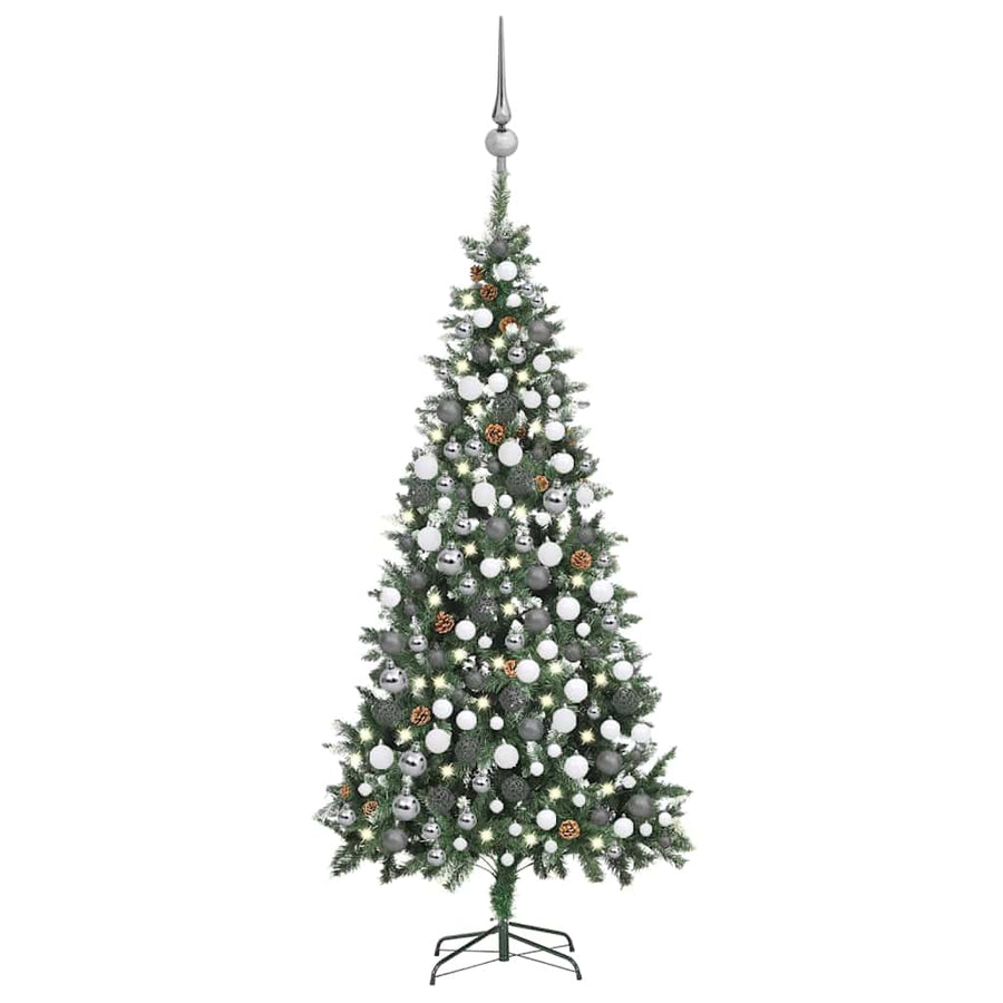 Kunstkerstboom Met Verlichting Kerstballen Dennenappels 210 Cm Wit En Grijs 210 x 119 cm