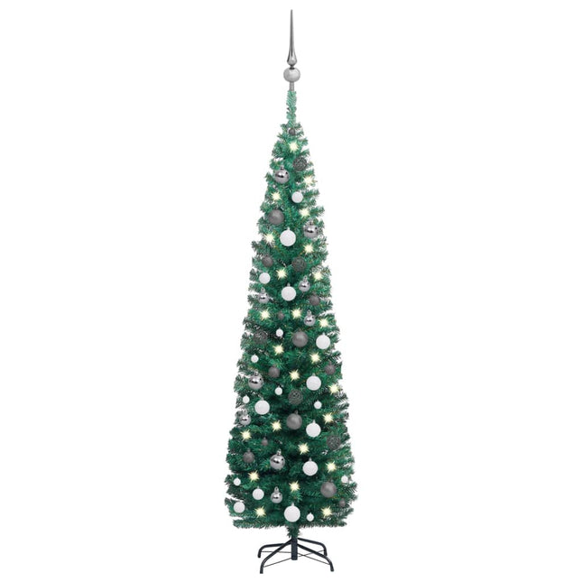 Kunstkerstboom Met Verlichting En Kerstballen Smal 80 Cm 180 x 48 cm Groen en rood