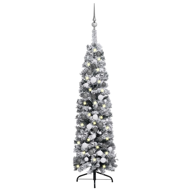 Kunstkerstboom Met Verlichting Ballen Sneeuw Smal 20 Cm Groen 120 x 38 cm Wit en grijs