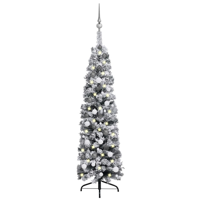 Kunstkerstboom Met Verlichting En Kerstballen Smal 50 Cm Groen 150 x 43 cm Wit en grijs