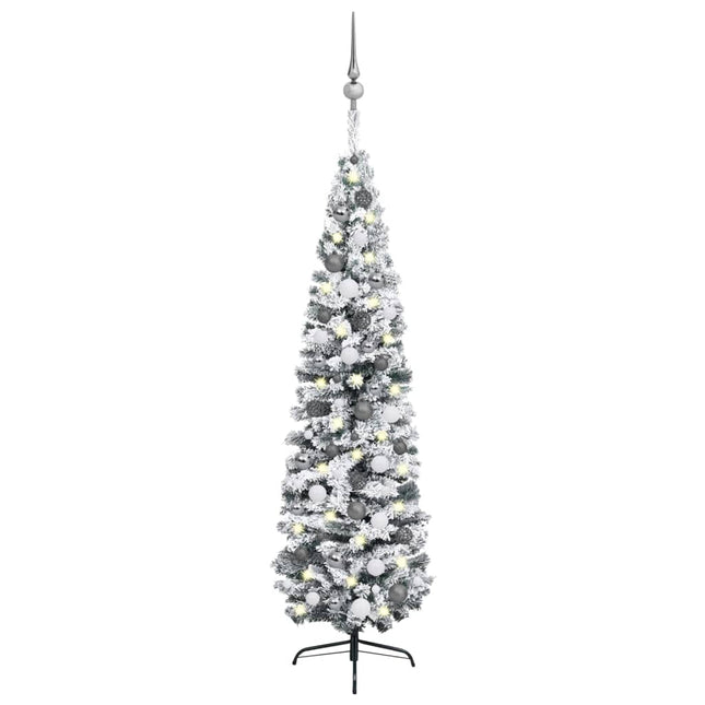 Kunstkerstboom Met Verlichting En Kerstballen Smal 240 Cm Groen 240 x 61 cm Wit en grijs