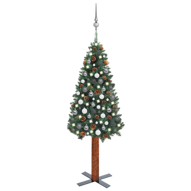 Kunstkerstboom Met Verlichting En Ballen Smal 50 Cm Pvc 150 x 66 cm Groen en rood