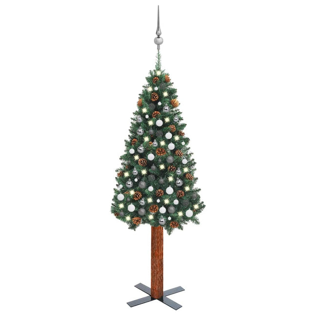 Kunstkerstboom Met Verlichting En Ballen Smal 20 Cm Pvc 210 x 77 cm Groen en rood