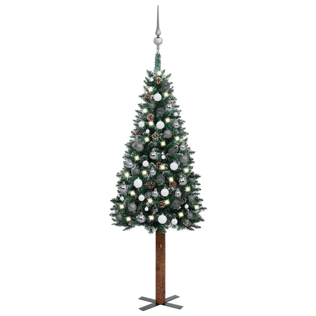 Kunstkerstboom Met Verlichting En Kerstballen Smal 50 Cm Groen 150 x 66 cm Wit en grijs