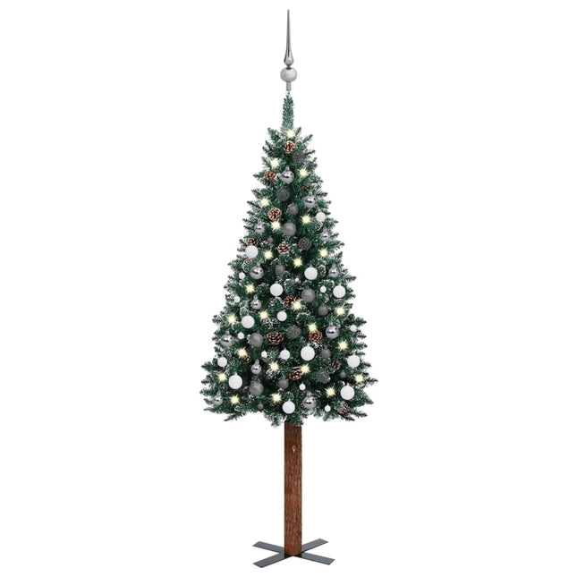 Kunstkerstboom Met Verlichting En Kerstballen Smal 80 Cm Groen 180 x 72 cm Wit en grijs