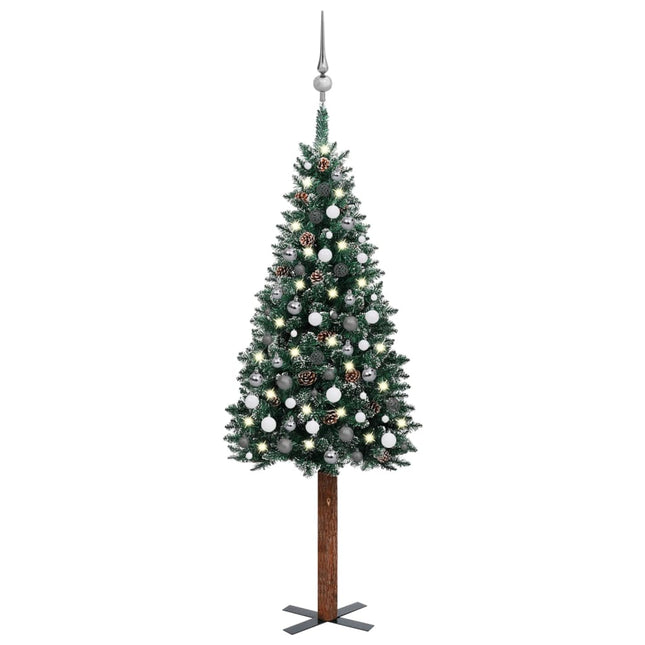 Kunstkerstboom Met Verlichting En Kerstballen Smal 20 Cm Groen 210 x 77 cm Wit en grijs