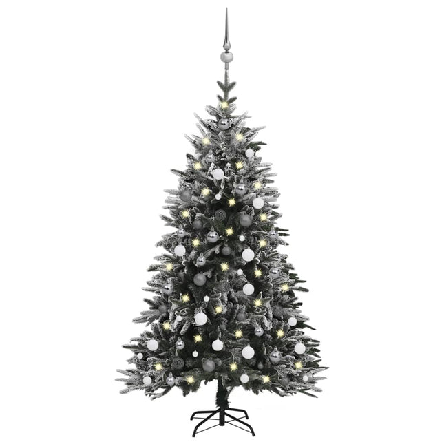 Kunstkerstboom Met Led's, Kerstballen En Sneeuw 50 Cm Pvc Pe 150 x 90 cm Wit en grijs