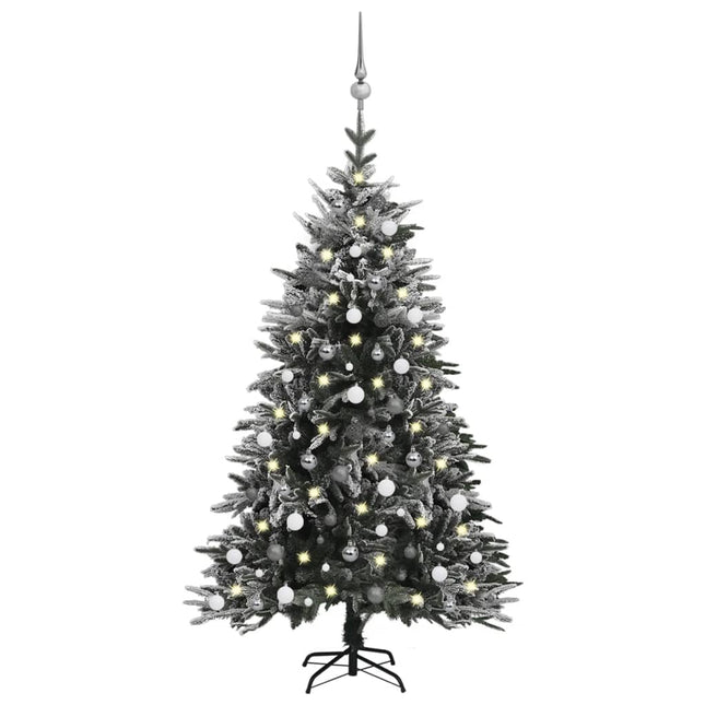 Kunstkerstboom Met Led's, Kerstballen En Sneeuw 80 Cm Pvc Pe 180 x 110 cm Wit en grijs