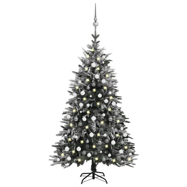 Kunstkerstboom Met Led's, Kerstballen En Sneeuw 20 Cm Pvc Pe 210 x 130 cm Wit en grijs