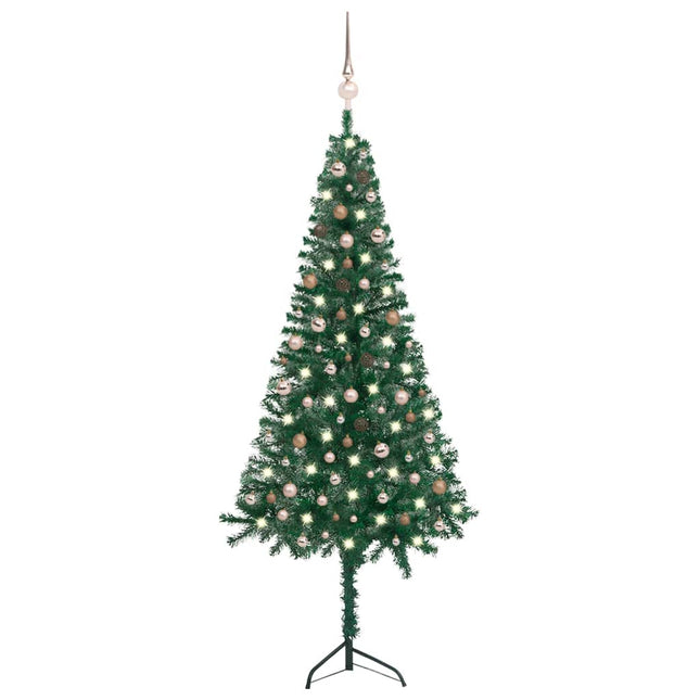 Kunstkerstboom Met Led's En Kerstballen Hoek 240 Cm Pvc Groen 240 x 85 cm green and rose