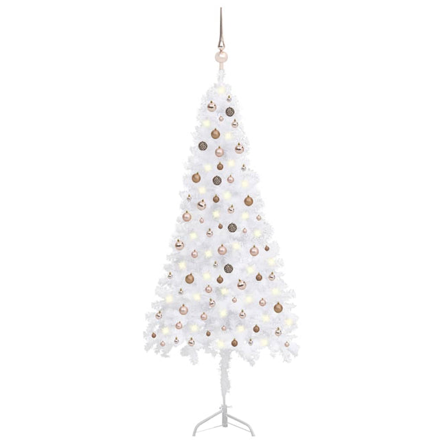 Kunstkerstboom Met Led's En Kerstballen Hoek 240 Cm Pvc Wit 240 x 85 cm white and rose