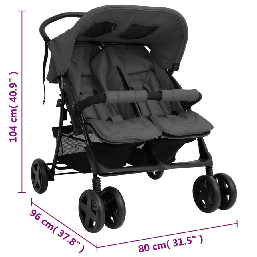 Tweelingkinderwagen staal donkergrijs Donkergrijs