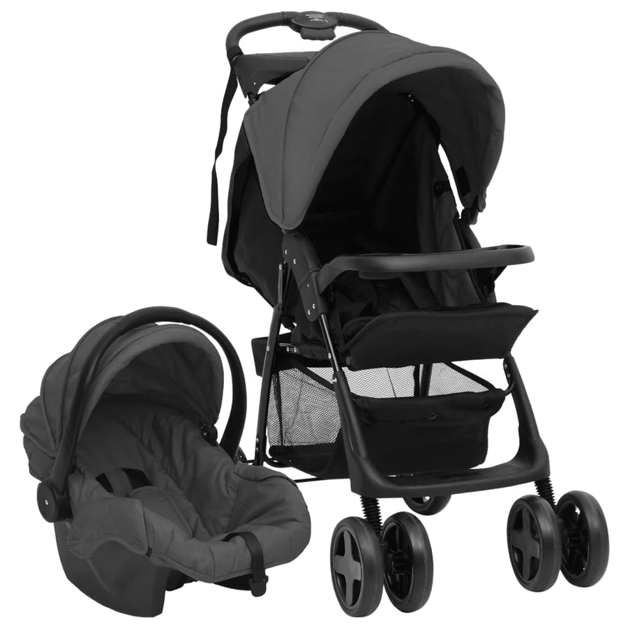 Kinderwagen 3-in-1 staal donkergrijs en zwart Donkergrijs 3-in-1