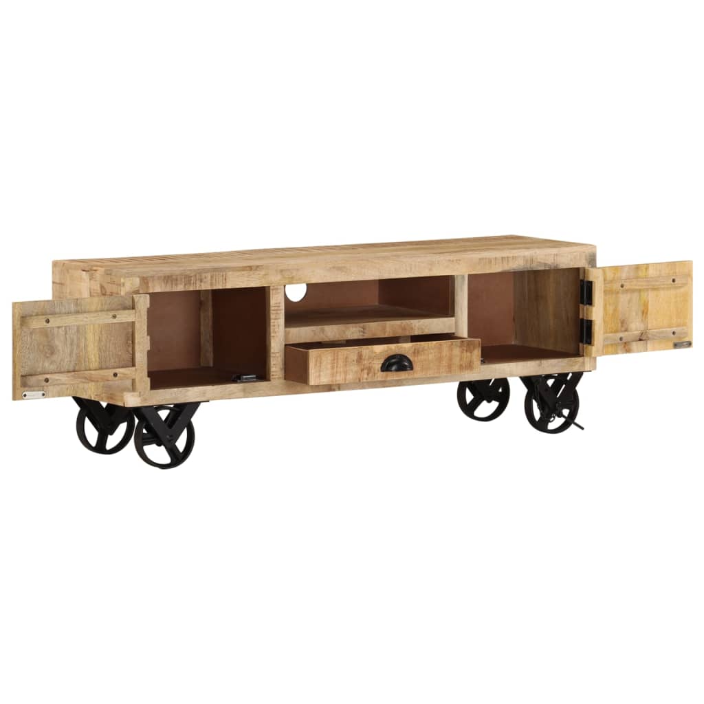 Tv-meubel met wieltjes 110x30x37 cm ruw mangohout