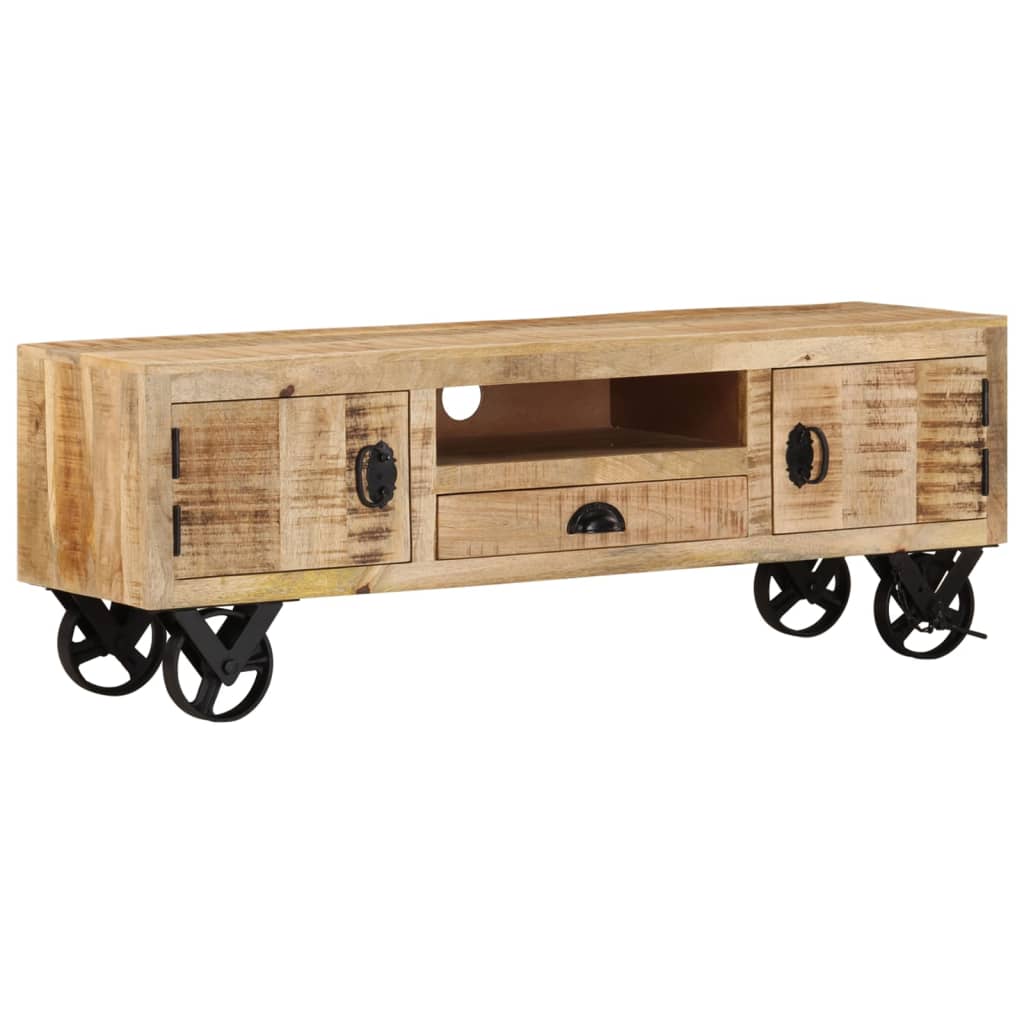 Tv-meubel met wieltjes 110x30x37 cm ruw mangohout