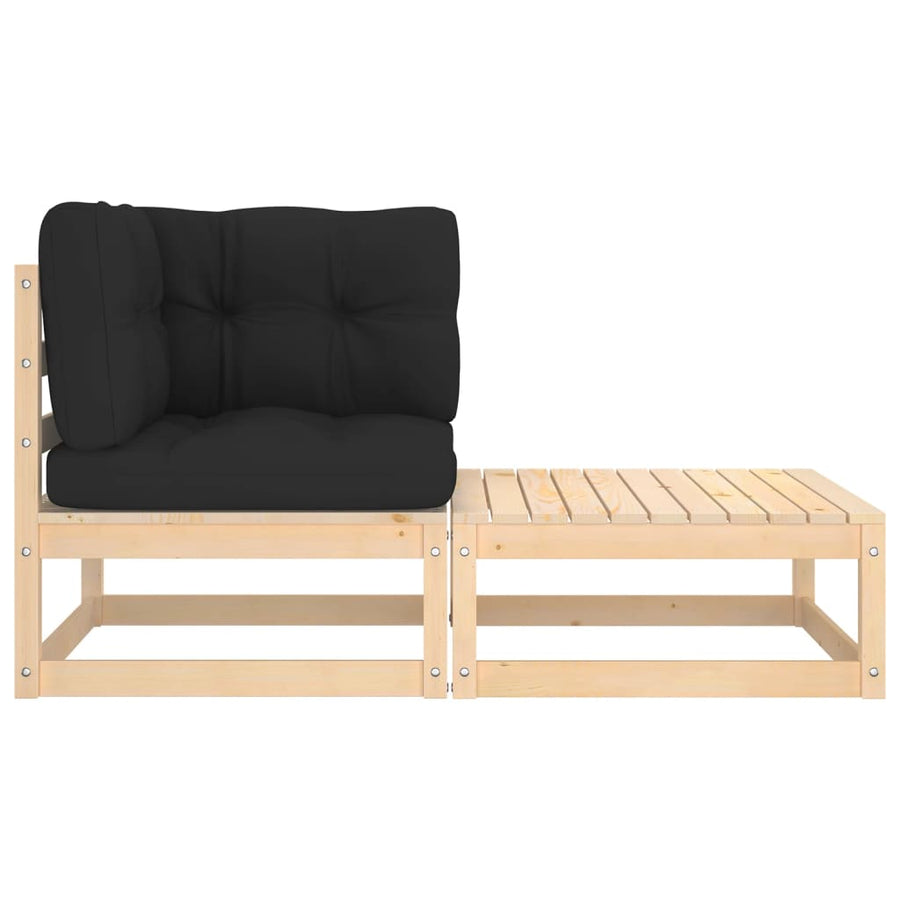 2-Delige Loungeset Met Kussens Massief Grenenhout Naturel en zwart Hoek + voetenbank